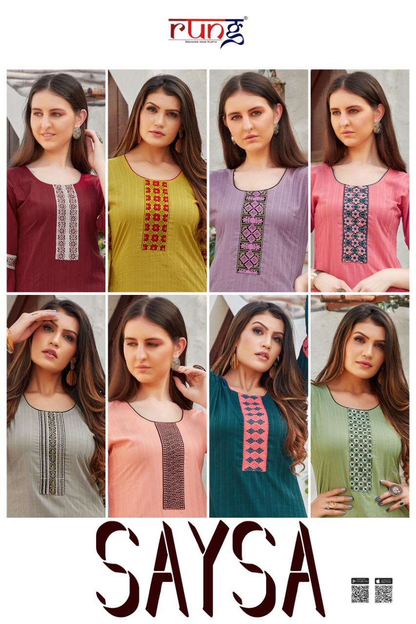 Rung Sasya Heavy Slub Latest Fancy Designer Casual Wear  Lining With heavy Hand Work Rayon With Embroidery Work Western Kurti With Bottom Collection